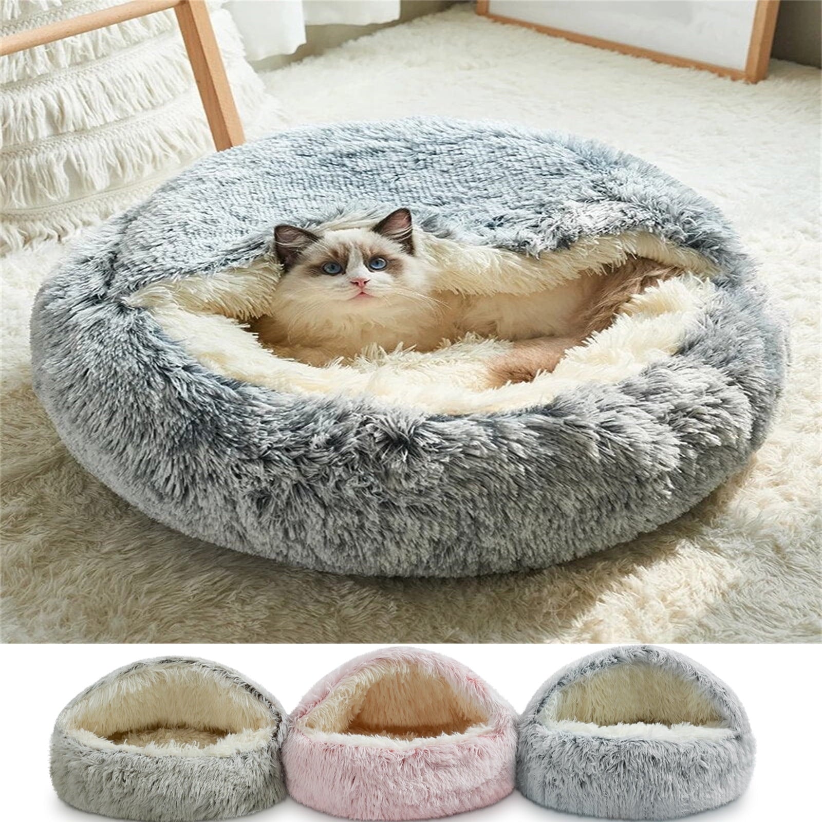 Darzheoy Cat Bed Round Plush Hooded Cat Bed Cave, for Indoor Cats or Small Dog Beds, Calming Pet Beds Calm Anti-nxiety Dog Bed, Waterproof Bottom Washable (16"x16") Gray