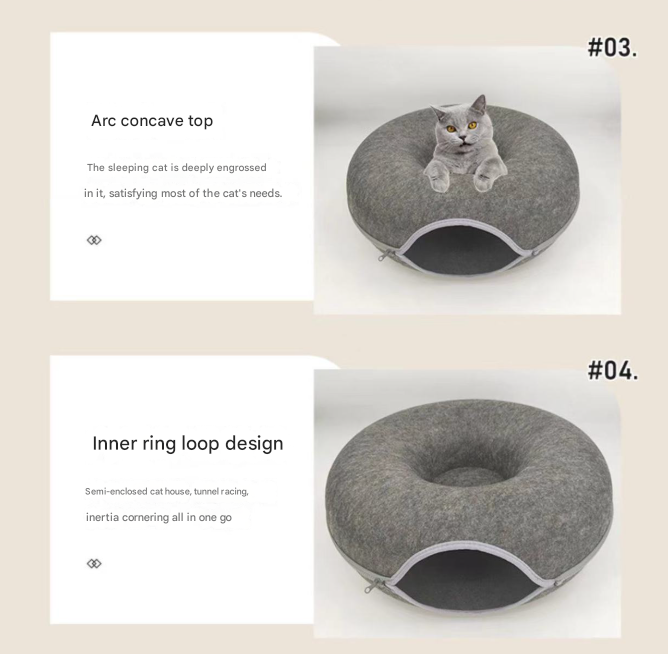 Light grey Felt Donut Cat Bed with Zipper Tunnel Toy, Double-Layer Pet Cave for Cats, M Size (50x20cm), Cozy Hideaway for Indoor Cats