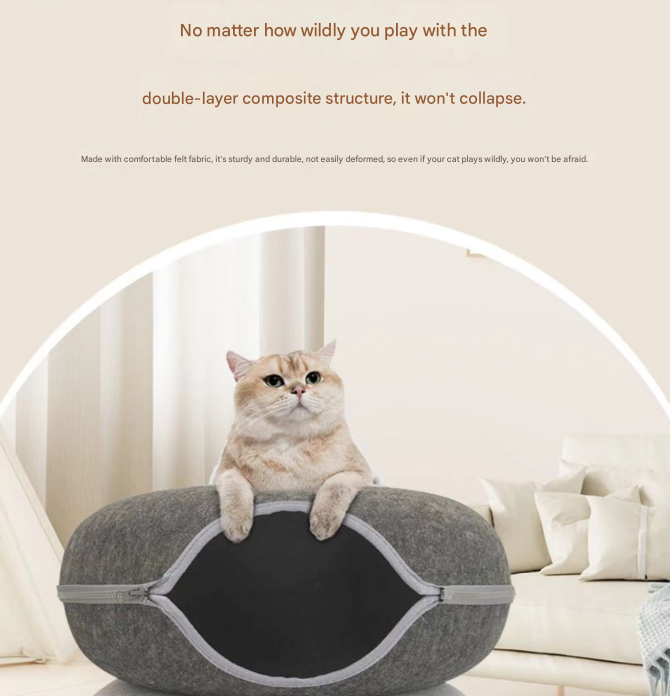 Light grey Felt Donut Cat Bed with Zipper Tunnel Toy, Double-Layer Pet Cave for Cats, M Size (50x20cm), Cozy Hideaway for Indoor Cats