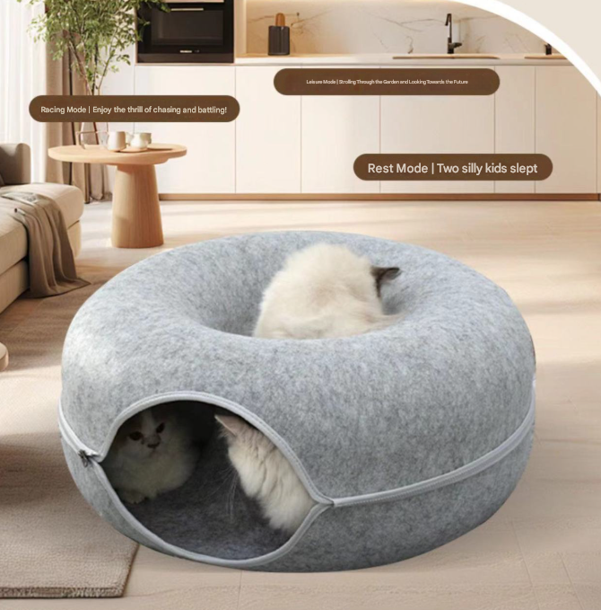 Dark grey Felt Donut Cat Bed with Zipper Tunnel Toy, Double-Layer Pet Cave for Cats, M Size (50x20cm), Cozy Hideaway for Indoor Cats